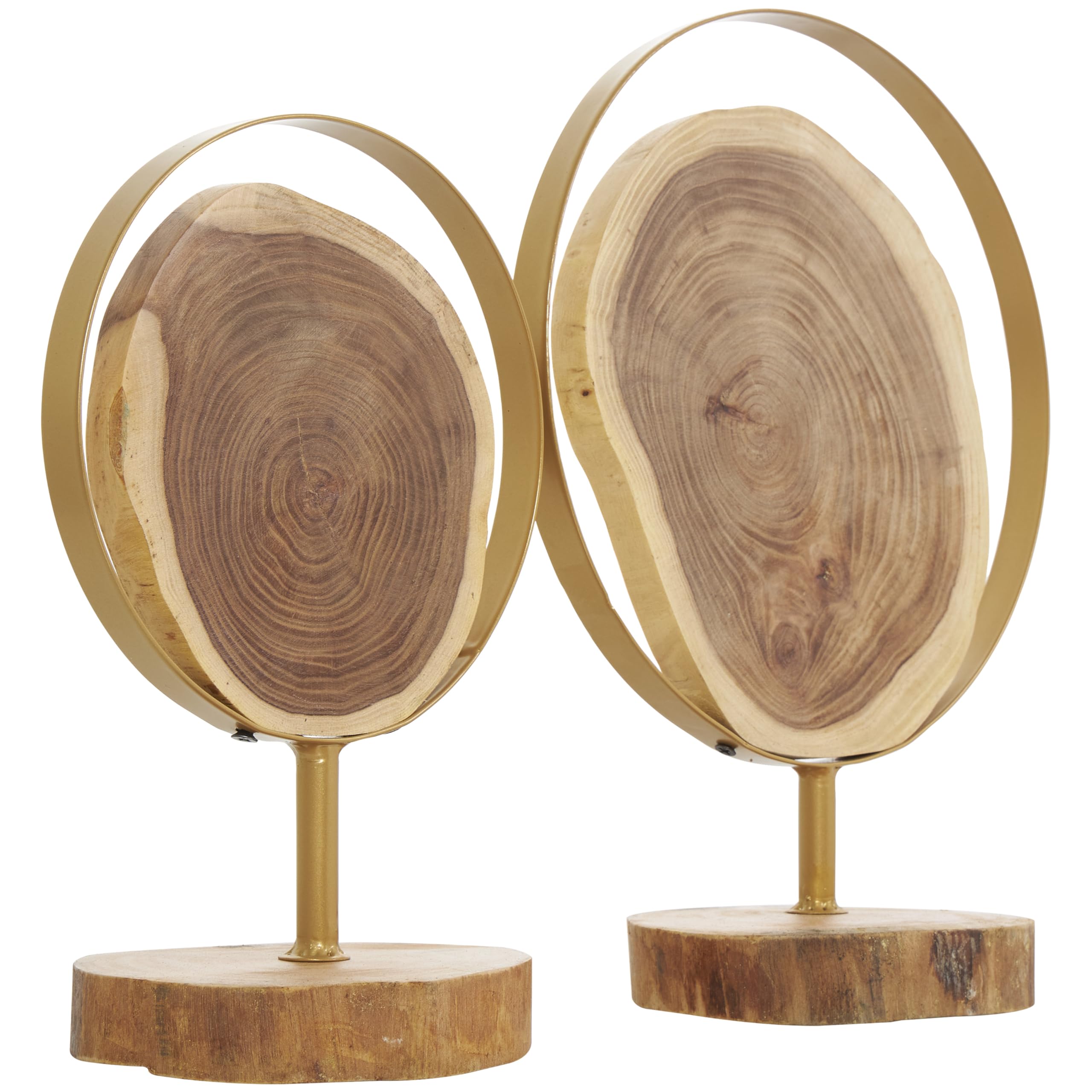 Photo 1 of **PARTIAL SET**
Deco 79 Wood Abstract Handmade Decorative Sculpture Live Edge Slab Home Decor Statues with Gold Metal Rings, 1 Accent Figurine 14", 11"H, Brown