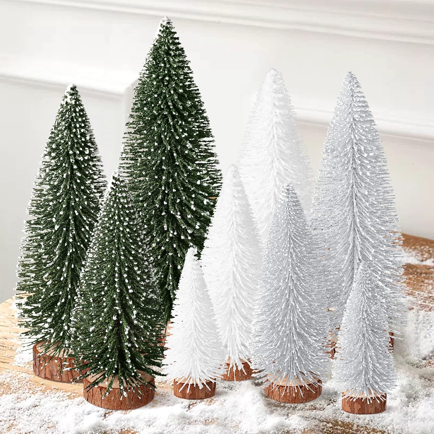 Trees - 9Pcs Mini Bottle Brush Christmas Trees in 4 Sizes - Green, Silver, White Table Decorations