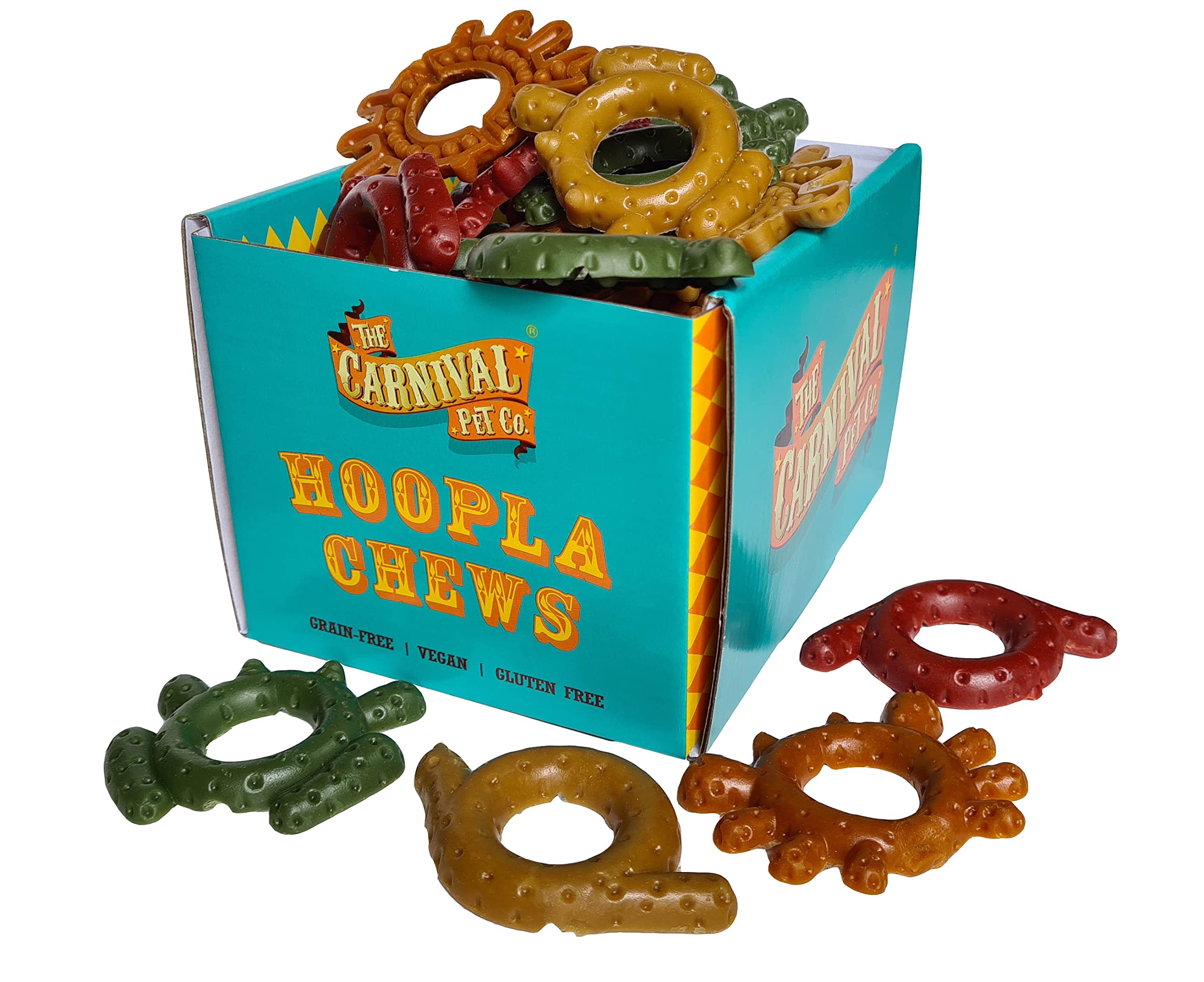 Vegan dog chews, 30 edible Hoopla dog treats with a plant-based recipe for sensitive dogs. Fun chews for dogs of all ages.