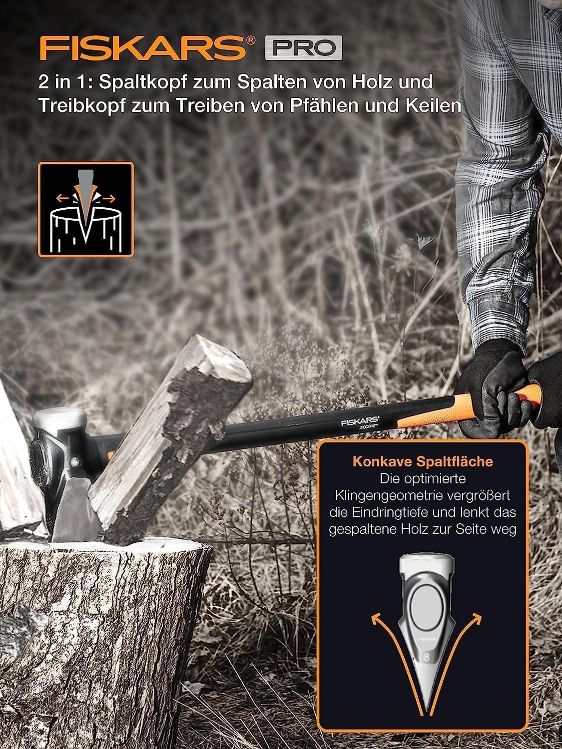 Fiskars Spaltaxt IsoCore XXL zum Spalten von Stammstücken oder zum Eintreiben von Keilen, Länge: 92 cm, Kopfgewicht: 3,6 kg, Schwarz/Orange, 1020220 9