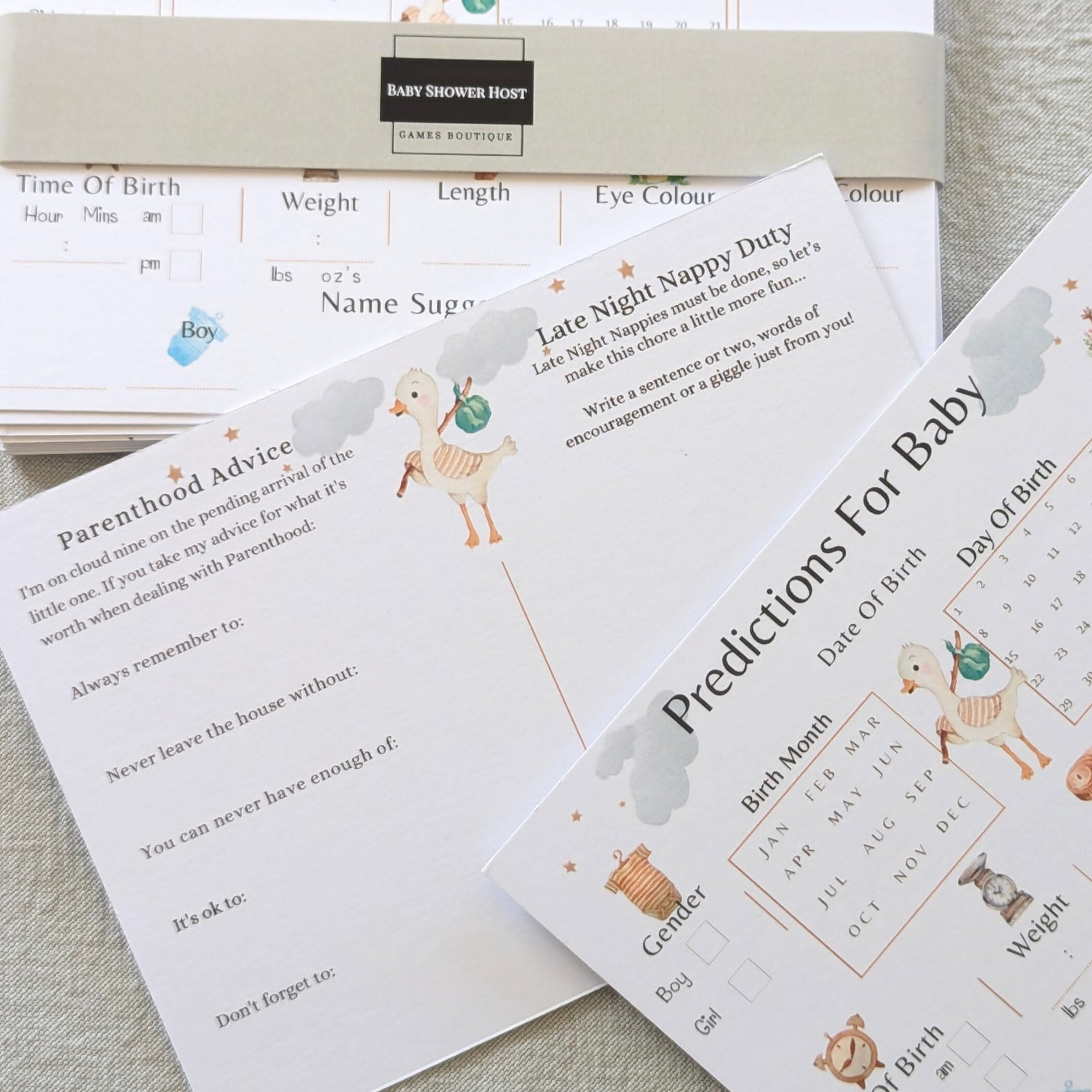 Baby Shower Games 20 Guests Baby Prediction Cards/Parenthood Advice/Baby Wishes & Story Cards Keepsake for Boy, Girl, Neutral/Unisex Baby Shower Party/Guestbook/Gender Reveal Party Goose