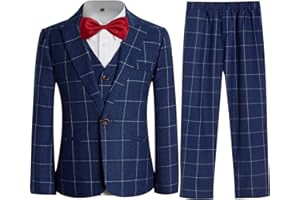 KIDINIX Boys Plaid Suit Set 4 Pieces Blazer Vest Pants Classic Formal Suit for Wedding Party