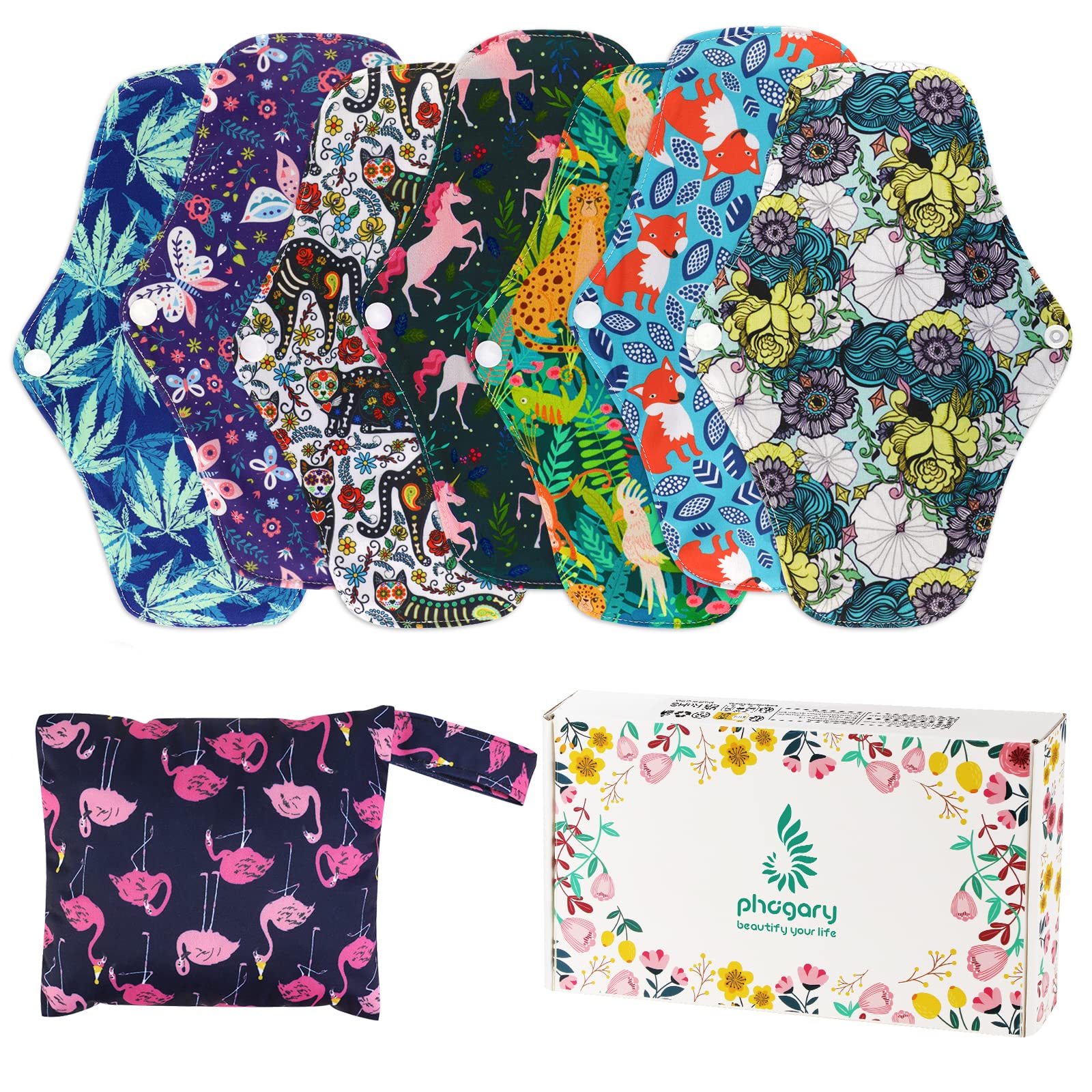 Reusable Menstrual Pads (7 in 1, 25.4cm 4 Layers), Bamboo Cloth Pads for Heavy Flow with Wet Bag, Large Sanitary Pads Set with Wings, Washable Overnight Cloth Panty Liners Period Pads