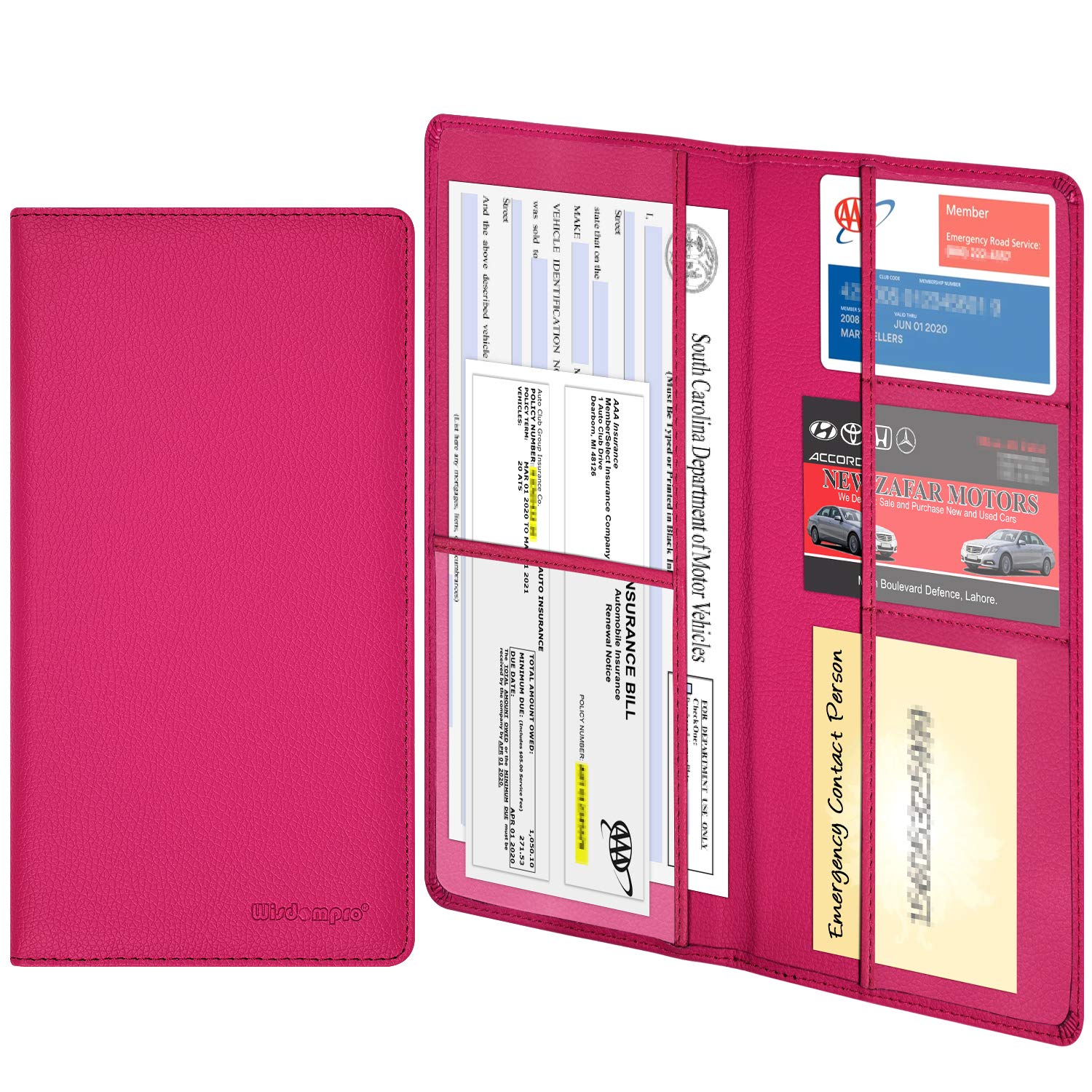 wisdompro Driving Licence Holder Car Registration and Insurance Document Holder - PU Leather Vehicle Paperwork Wallet Case Organizer for Car Documents and Cards - Hot Pink