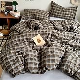 PinkMemory Brown Blue Gingham Buffalo Plaid Duvet Cover Queen 100% Washed Cotton Vintage Checkered Duvet Cover Set Full 3pcs Retro Grid Bedding Set with Zipper Closure Corner Ties,Soft Breathable