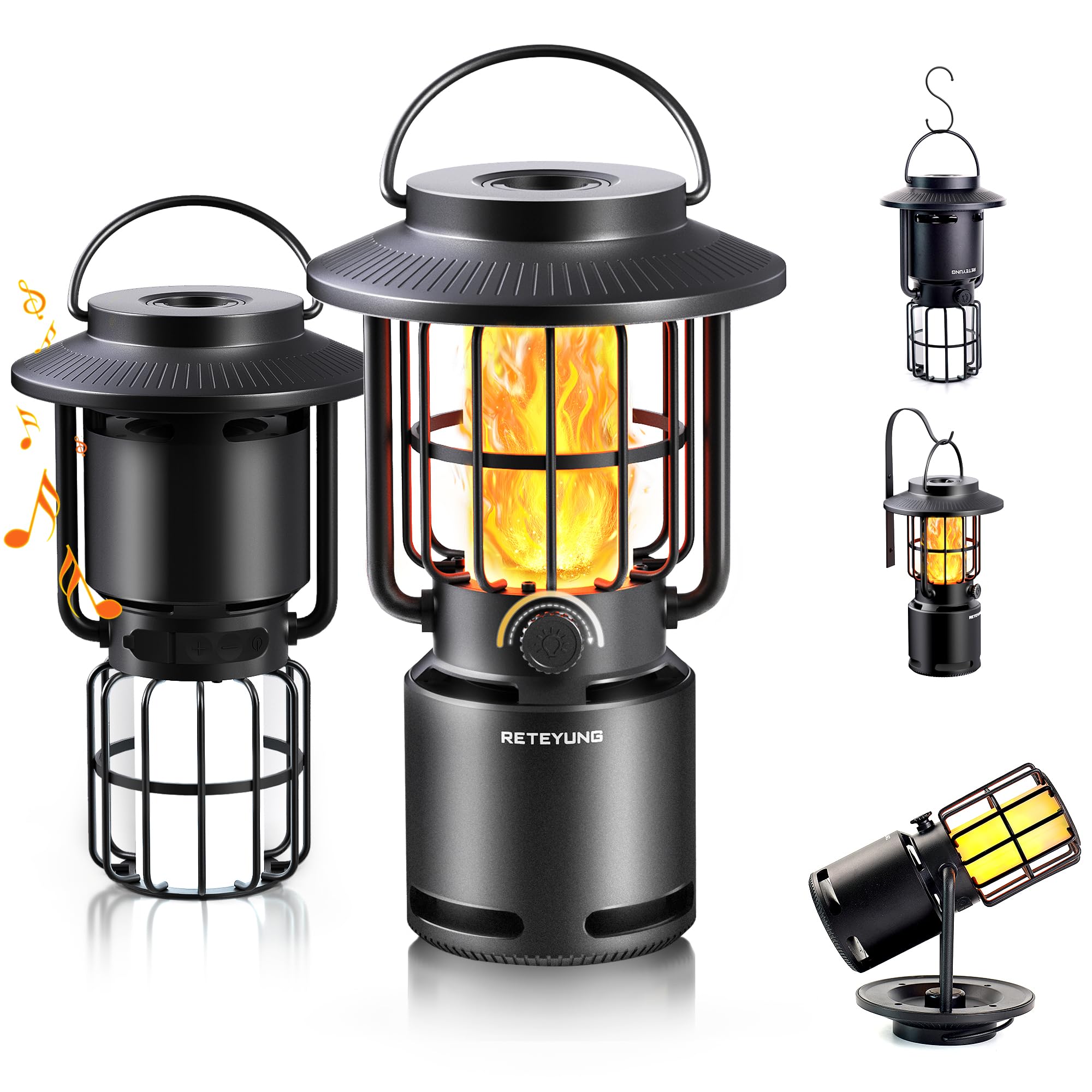 RETEYUNG Outdoor Bluetooth Speaker with Flame Light, IP65 Waterproof Camping Lamp, 3 Lighting Modes, Portable Wireless Speaker for Patio, Garden, Gifts for Men
