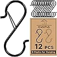 12 PCS S Hooks for Hanging with Safety Buckle, 3.5 inch Heavy Duty Metal S Shaped Hooks for Kitchen Utensil, Cups, Pots, Plants, Bags, Hats (Black)