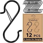 12 PCS S Hooks for Hanging with Safety Buckle, Heavy Duty Metal S Hooks | 3.5 inch S Shaped Hanger Hooks for Hanging Kitchen Utensil, Cups Pots Pan Closet Plants Purse Bags Hats (Black)