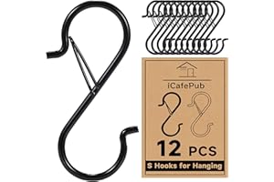 ICAFEPUB 12 PCS S Hooks for Hanging with Safety Buckle, 3.5 inch Heavy Duty Metal S Shaped Hooks for Kitchen Utensil, Cups, Pots, Plants, Bags, Hats (Black)