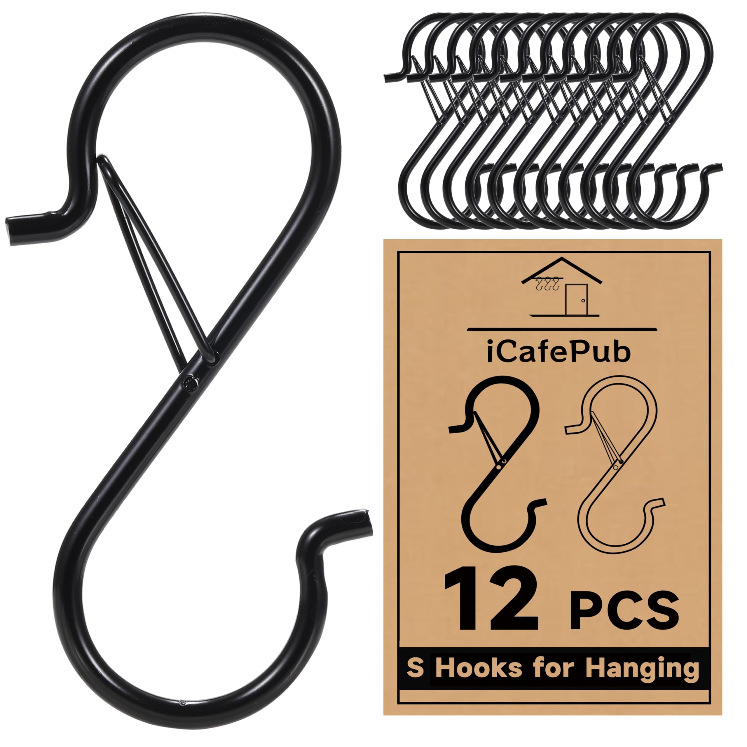 Photo 1 of 12 PCS S Hooks for Hanging with Safety Buckle, 3.5 inch Heavy Duty Metal S Shaped Hooks for Kitchen Utensil, Cups, Pots, Plants, Bags, Hats (Black)
