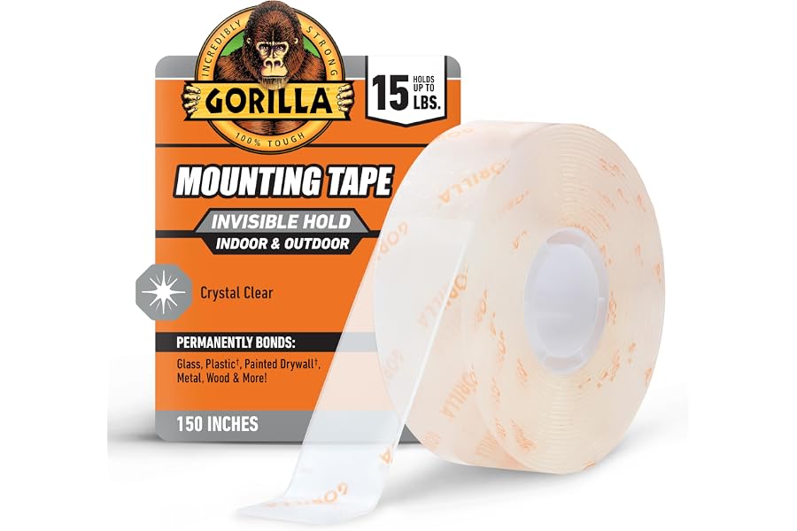 Gorilla Invisible Hold Mounting Tape, 1" x 150" (Pack of 1), Clear Double Sided Tape for Strong, Permanent Indoor & Outdoor Hanging