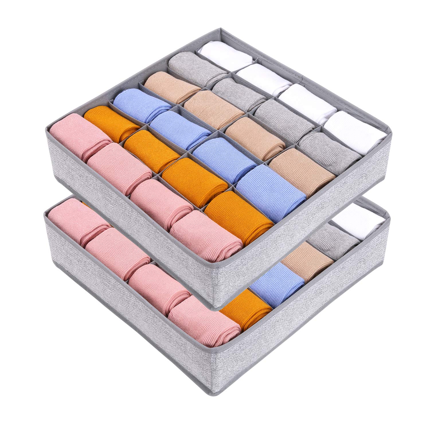 Joyoldelf Sock Organiser - Set of 2 Foldable Drawer Organiser - Wardrobe Storage Organiser with 24 Cells - Drawer Dividers Storage Boxes for Socks, Baby Clothes, Ties and Scarves - Grey