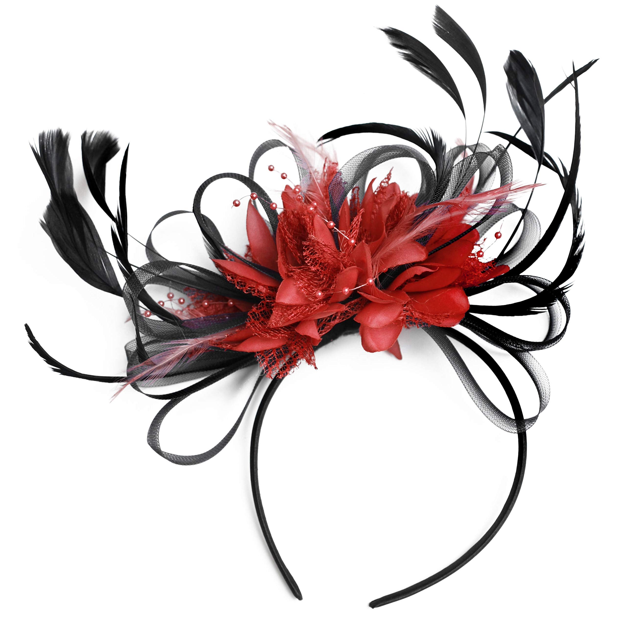 Caprilite Black and Red Net Hoop Feather Hair Fascinator Headband Wedding Royal Ascot Races