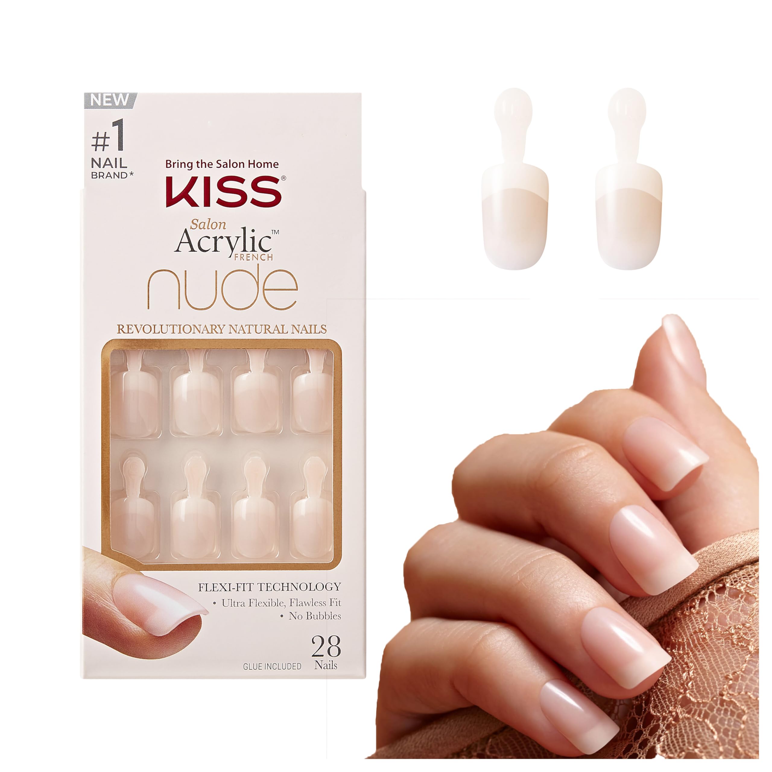 Photo 1 of KISS Salon Acrylic Nude French Tip Press On Nails Short, ‘Breathtaking’, Beige, Squoval, Includes 28 Fake Nails, Nail Glue 2g, 1 Manicure Stick, 1 Mini File