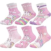 Queenshin Girls Socks Mermaid Tail Unicorn Flowers Fruit Printed Pattern Cute Crew Ankle 6 Pairs 3-14Y Kids Birthday Gift