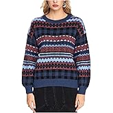 MakeMeChic Women's Winter Christmas Sweaters Grandpa Vintage Striped Oversized Long Sleeve Crew Neck Brown Knit Sweater