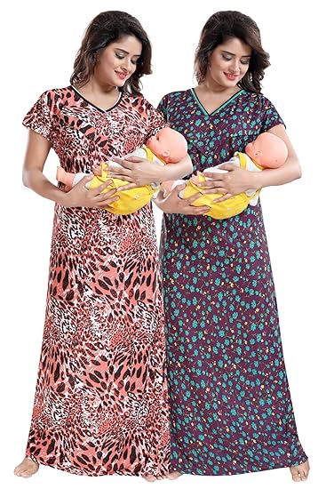 Multicolored Printed Women Maternity Nighty for Feeding (Pack of 2) - Free Size