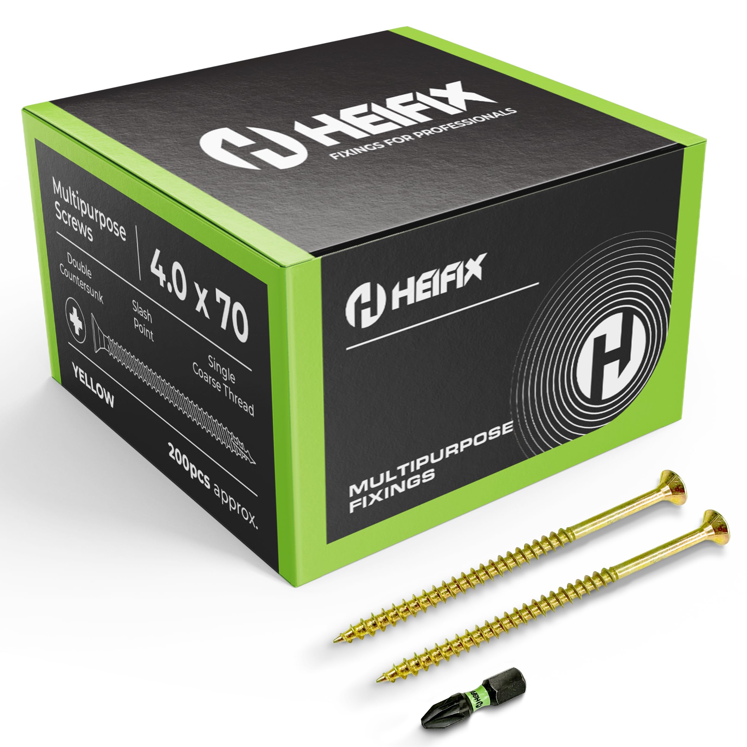 Heifix Multi-Purpose Wood Screws - FREE Screw Bit Included (QTY 200, 4mm x 70mm) Pozi Double Countersunk — image 1