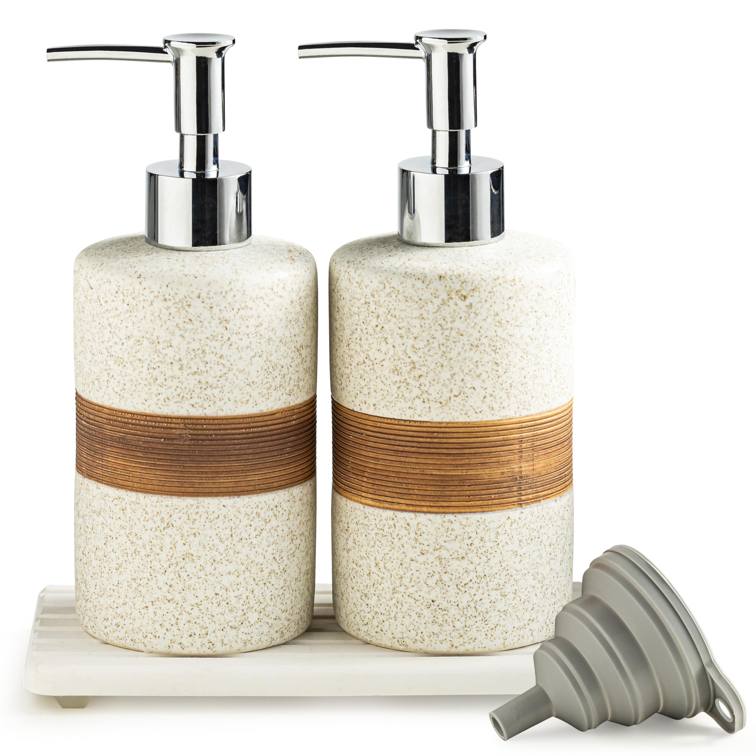 Photo 1 of Cormomu 2-Pack Ceramic Soap Dispensers Set, Includes Stainless Steel Pump, Silicone Funnel and Diatomaceous Tray, Hand Soap, Dish Soap, Shampoo and Conditioner Dispenser for Bathroom & Washroom, White