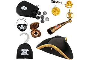 Flotory Kids Pirate Tricorn Hat Costume Colonial Hat with Pirate Toy Eye Patch Hook Props for Pirate Theme Party