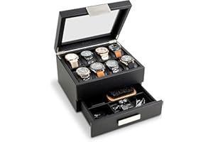 Glenor Co Watch Box with Valet Drawer for Men - 8 Slot Luxury Case Display Organizer, Carbon Fiber Design - Metal Buckle for Mens Jewelry Watches, Men's Storage Boxes Holder has Large Glass Top