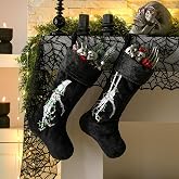 Croknit 2 Pcs Gothic Halloween Velvet Stocking, Black Goth Decor, Light | Christmas Skeleton Hand Embroidered Sock, Scary Fireplace Ornaments, Santa Horror Candy Bags Gift for Xmas Home