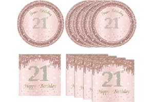 KHAIVI 21st Birthday Rose Gold Party Supplies Rose Gold Birthday Supplies Plates and Napkins Happy 21 Bday Disposable Tableware Party Supplies For Girls Women