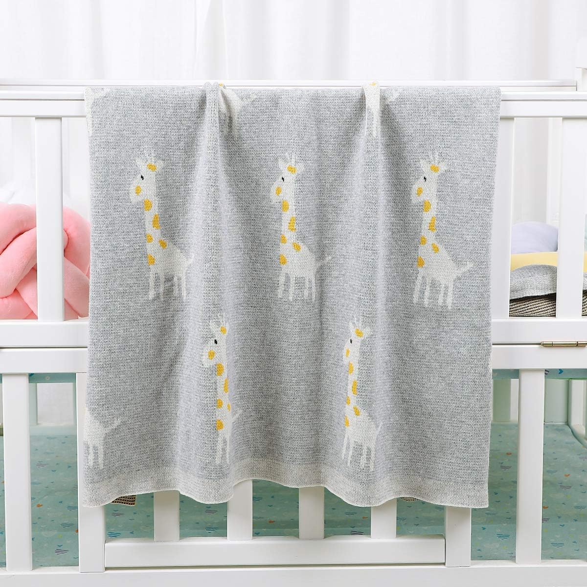 mimixiong Soft 100% Pure Organic Cotton Knitted Newborn Baby Blanket, Swaddle Blanket, Giraffe Grey (80 x 100cm)