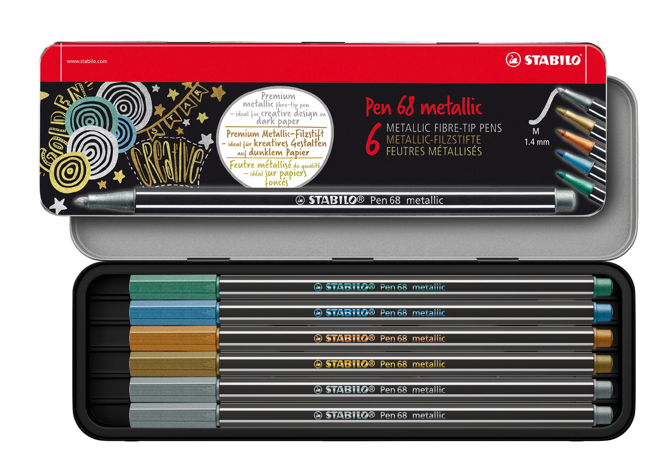 STABILO Metallic Premium Felt Tip Pen Pen 68 metallic - Metal case of 6 - Assorted colours with Hanging Loop