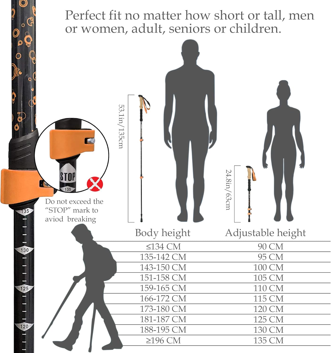 TheFitLife Carbon Fiber Trekking Poles – Collapsible and Telescopic Walking Sticks with Natural Cork Handle and Extended EVA Grips, Ultralight Nordic Hiking Poles for Backpacking Camping (Orange) : Sports & Outdoors