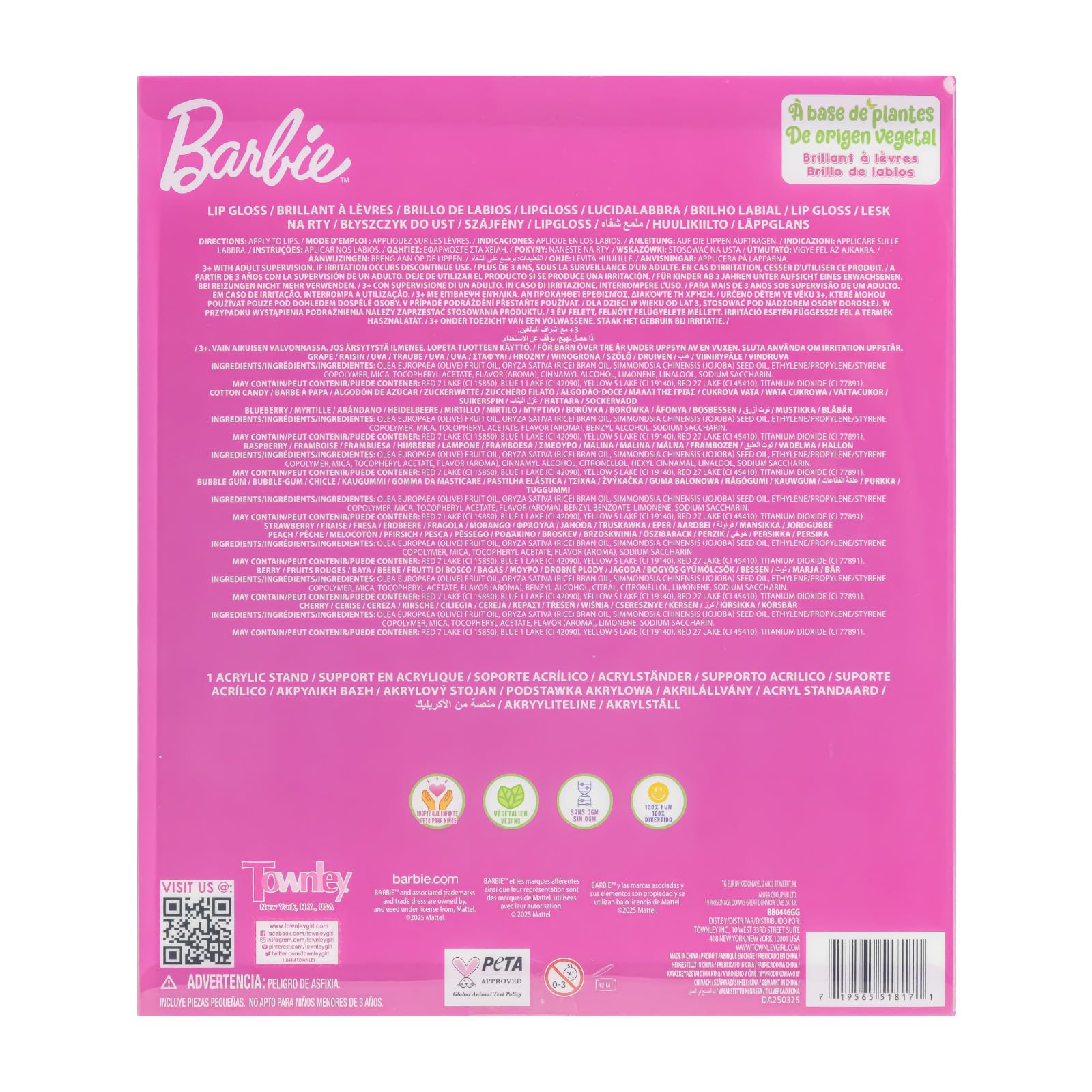 Barbie Lip Gloss with Acrylic Stand for Storage and Display, Plant Based Lip Gloss, Perfect for Parties, Sleepovers, Makeovers, Birthday Gift for Girls, Age 3+, by Townley Girl