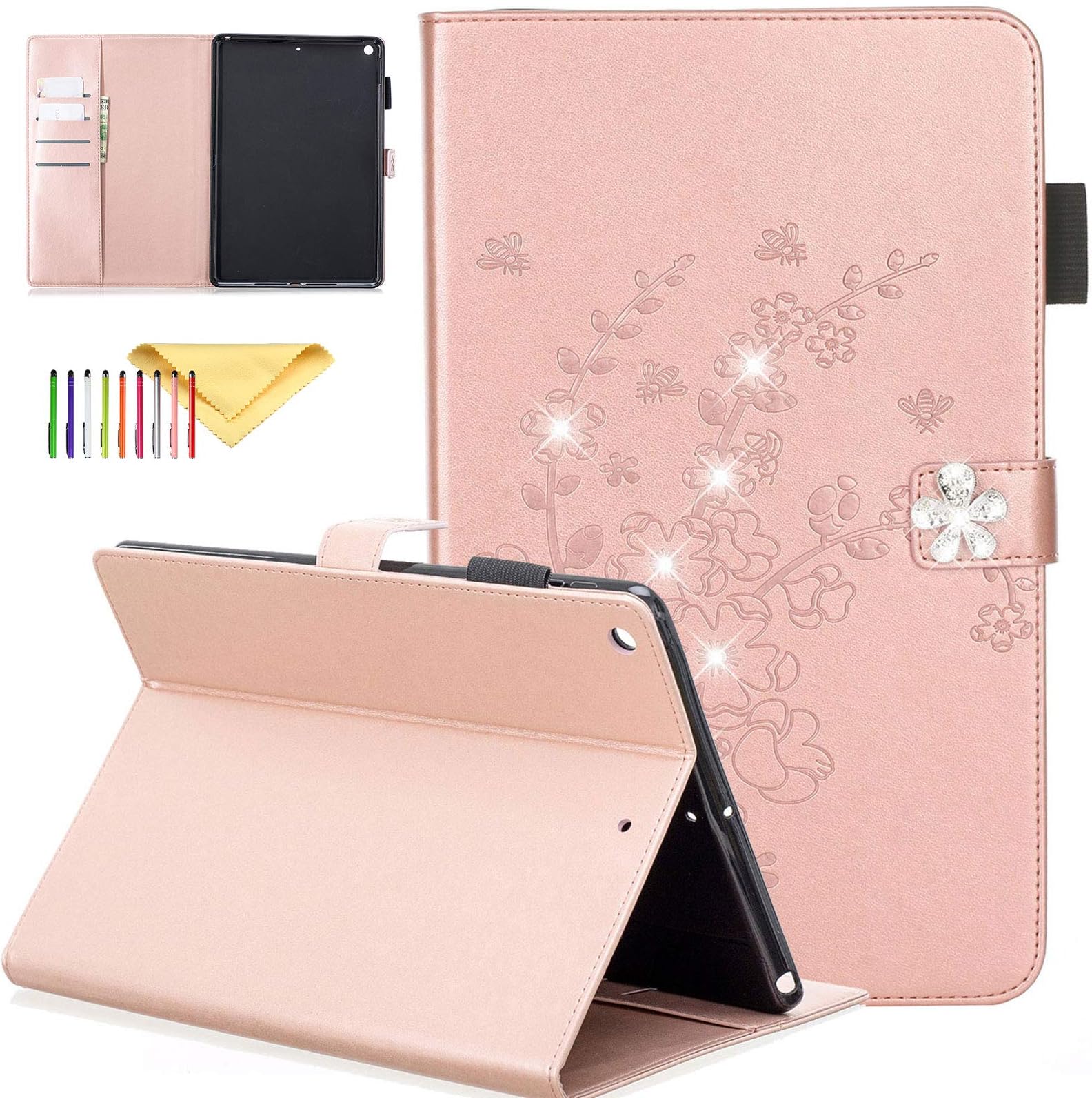 iPad 7th Gen 10.2 2019 Case Cover, Cookk Slim Fit PU Leather Skinshell [Flower Diamond Series] Folio Flip Stand Wallet Cover for New Apple iPad 10.2" 2019 Tablet, Rosegold