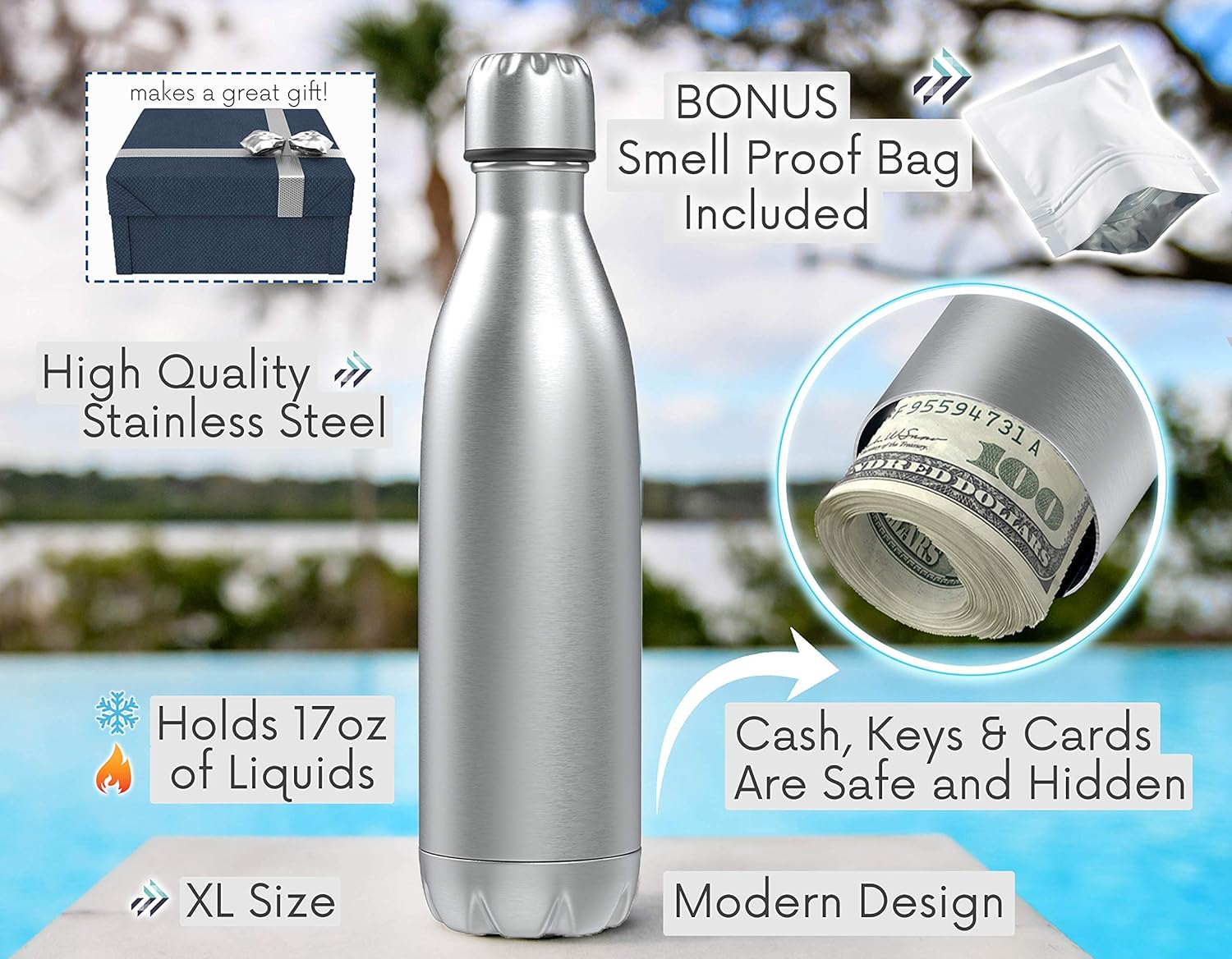 Diversion Safe Water Bottle | Stash Can Hidden Bottom for Valuables | 17ounce Liquid Capacity and Dry Storage Compartment | Stainless Steel Vacuum Insulated Leak Proof | BONUS Smell Proof Bag Included - - 