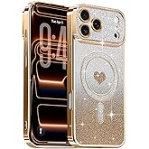 Lafunda Magnetic for iPhone 17 Pro Max Case Glitter, Cute Love Heart Plating Luxury Sparkle Bling Clear Cover for Women Girls TPU Camera Protection Shockproof Phone Case for iPhone 17 Pro Max, Gold