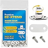 EZ-Xtend Marine Grade Twist Lock Fasteners - Nickel Plated Brass Turn Button Fastener with Stainless Steel Screws for Canvas, Marine Fastener Turn Buttons (Long Base - 10 PK)