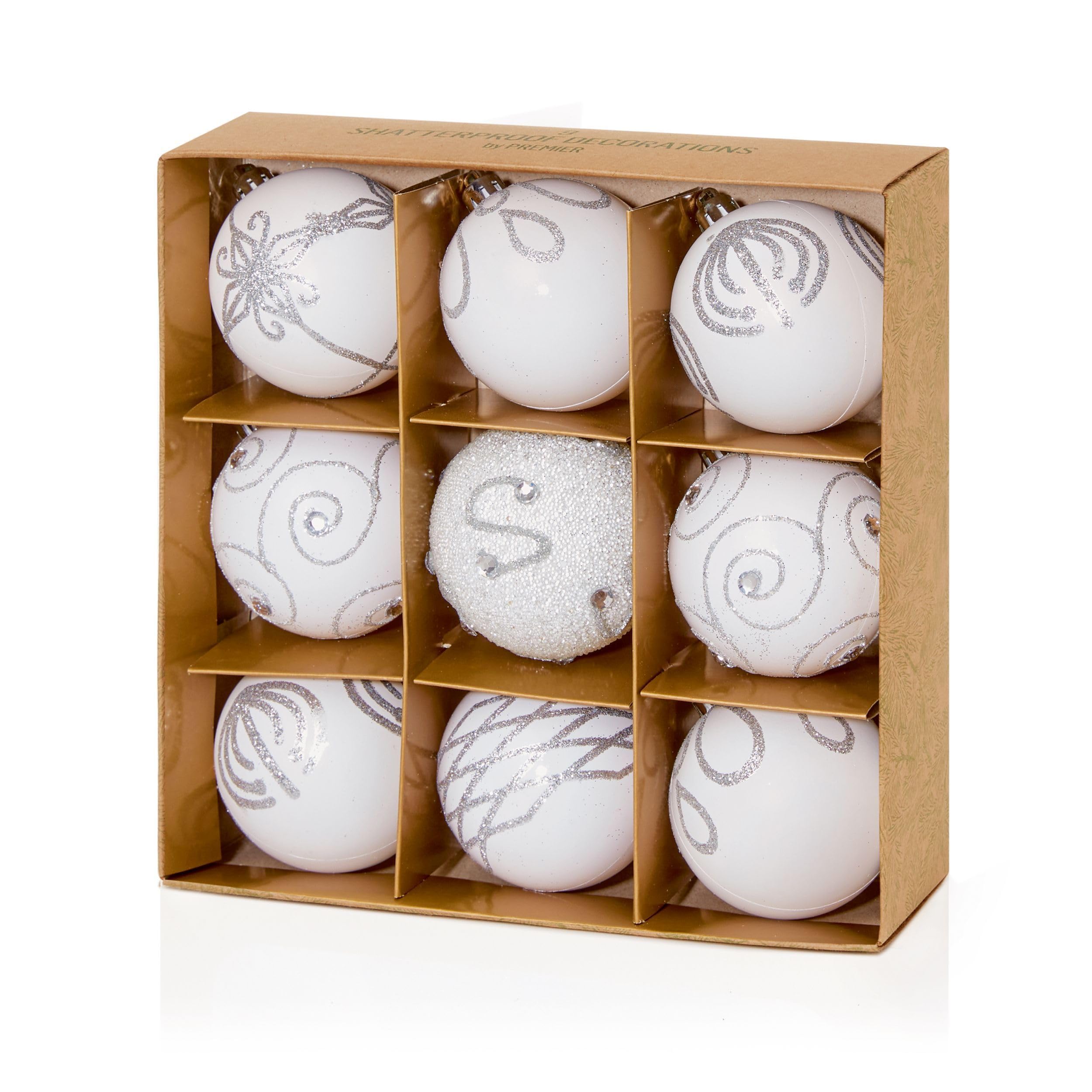 Set of Nine White Christmas Tree Baubles, Plastic (6cm) by Christmas Direct