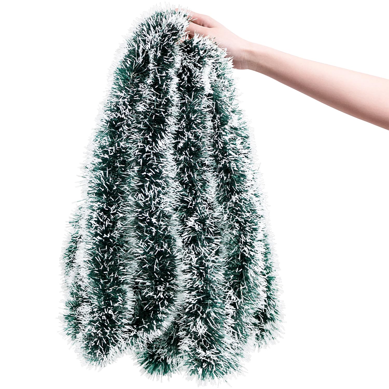 Yumatch 10M Chunky Christmas Tinsel Garland for Christmas Tree and Home, Christmas Tree Hanging Tinsel Xmas Tinsel Decorations, Dark Green Xmas Tinsel