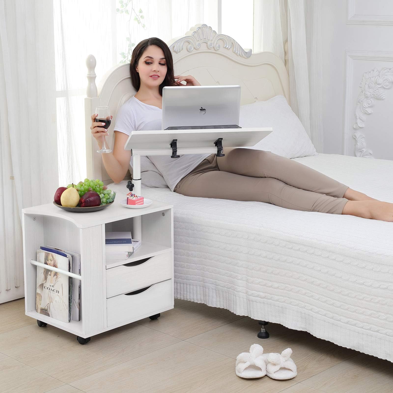 Case of 32, Emall Life Upgraded Functional Swivel Bedside Table Adjustable Wooden Nightstand with Drawers, Wheels and Open Shelf (White)