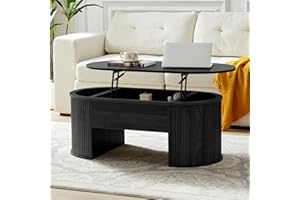 QHITTY Fluted Coffee Table with Lifting Top, Oval Wood Lift Top Coffee Table with Hidden Compartment, Mid Century Pull up Center Tables for Living Room, Office - Black