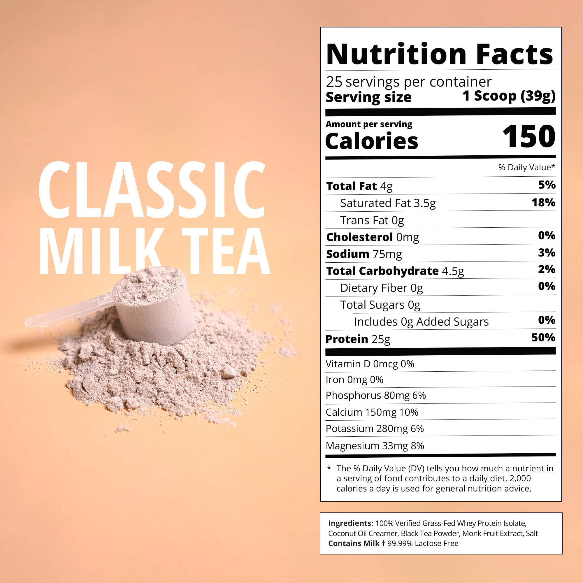 Boba Tea Protein Classic Milk Tea | 25g Grass-Fed Whey Protein Isolate Powder | Gluten-Free & Soy-Free Bubble Tea Protein Drink | Real Ingredients & Lactose-Free Protein Drink | 25 Servings