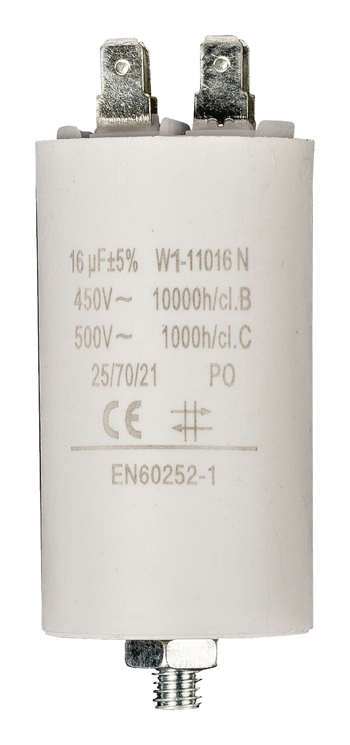 Invero Cylinder Shaped Run Motor Pump Capacitor 16.0uf - 450V Earthed - Dimensions: 40 x 71 mm - White