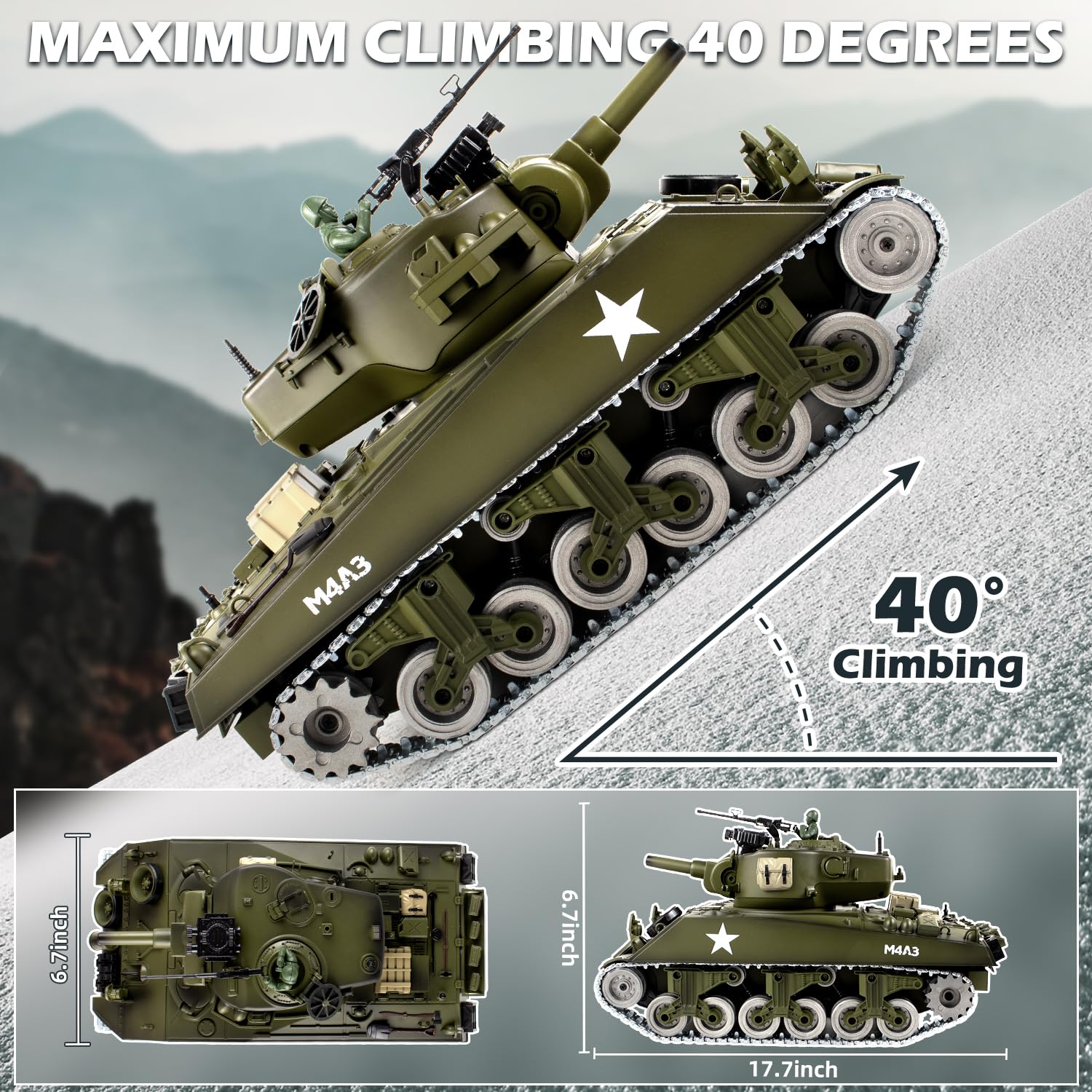 Supdex 1:18 RC Tank, Metal US M4A3 Sherman Remote Control Model Army Tank That Shoots BBS and Water Bombs, 2.4Ghz RC Vehicle Military Toys with Smoke, Lights, Sound, and Recoil for Kids and Adults