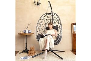 SWITTE Egg Swing Chair with Stand, Outdoor Patio Hanging Egg Chair, Indoor Hammock Chair with Cushion for Garden Backyard, 350LBS Capacity-Dark Grey