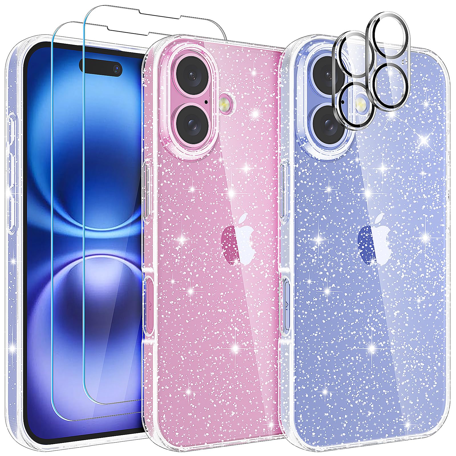 YIRSUR Compatible with iPhone 16 Plus Glitter Clear Case with 2X Screen Protector with 2X Camera Lens Protector, Slim Soft TPU Bumper Anti-Scratch Shockproof Case Women Girls for iPhone 16 Plus