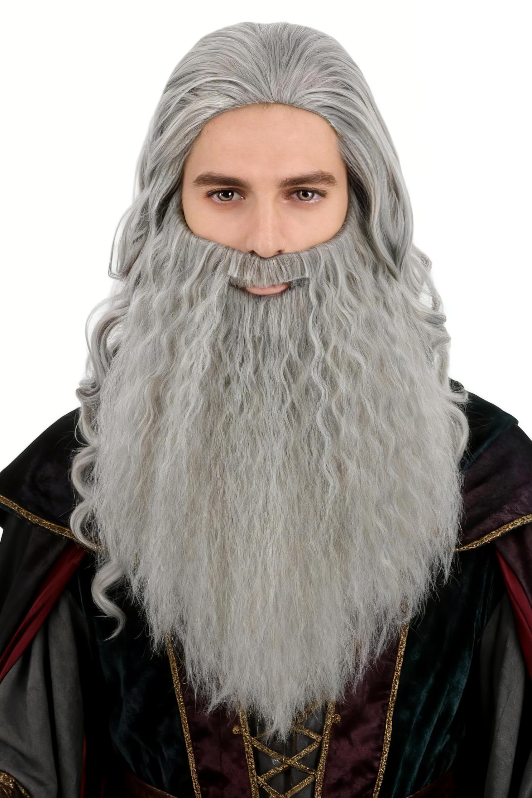 LeMarnia Grey Men's Long Curly Wig and Beard Halloween Cosplay Costume Wig โ image 1