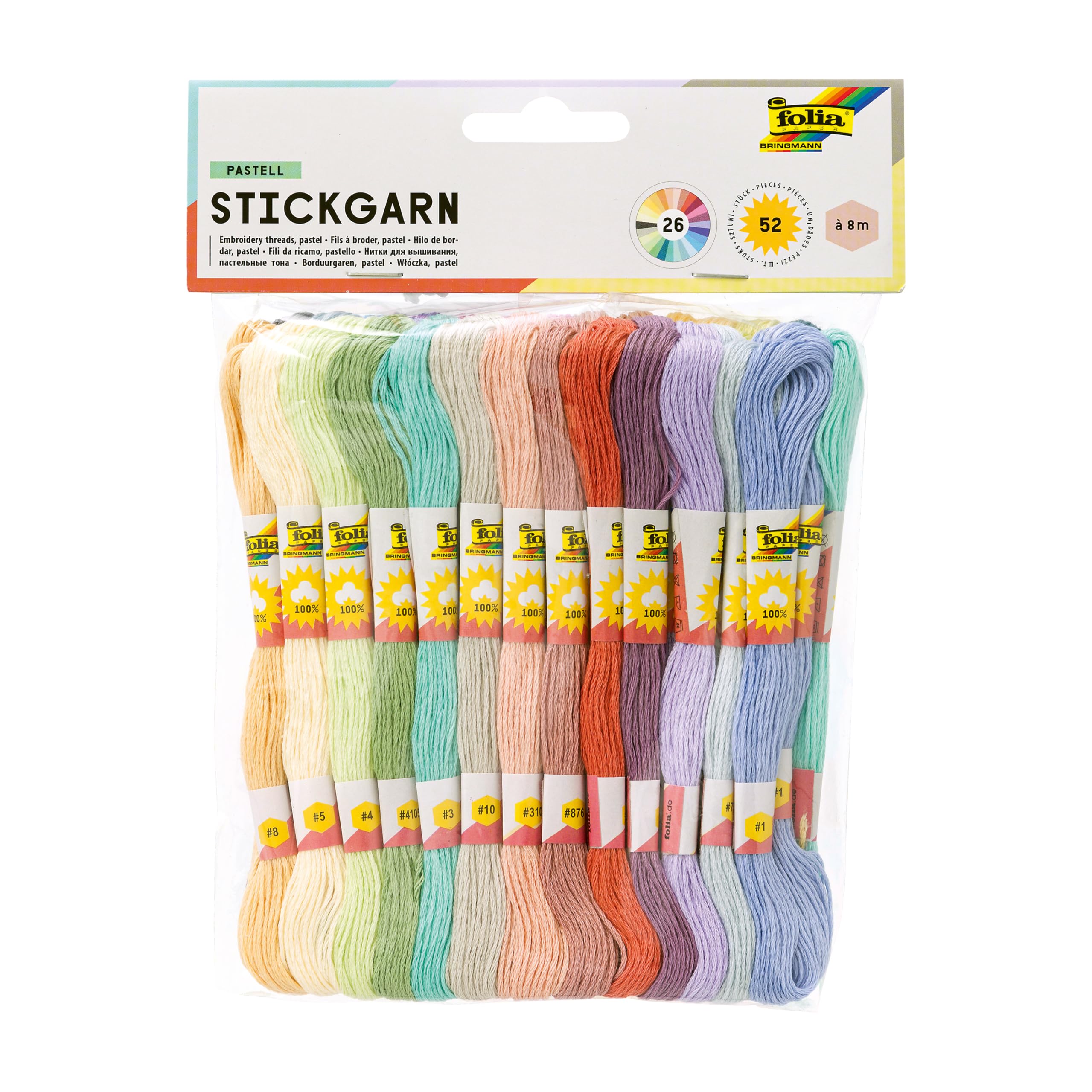 folia 23993 Pastel Embroidery Thread, 100% Cotton, 52 Docks of 8 m in 26 Assorted Colours, for Embroidery, Knotting and Crafts