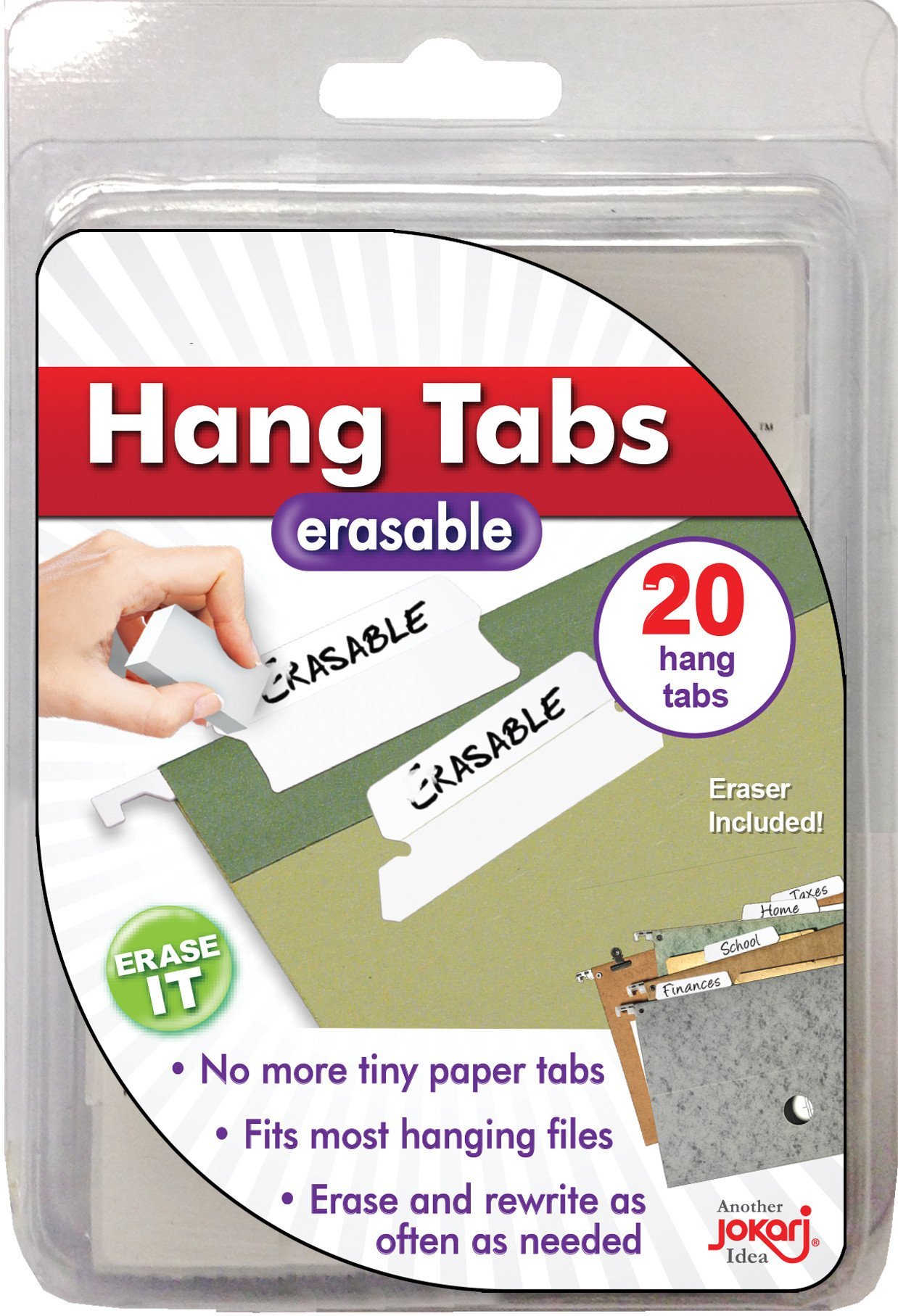 Jokari PHR20 - White Erasable Hang Tabs x20 to fit most Hanging Files – Refill Pack with Eraser