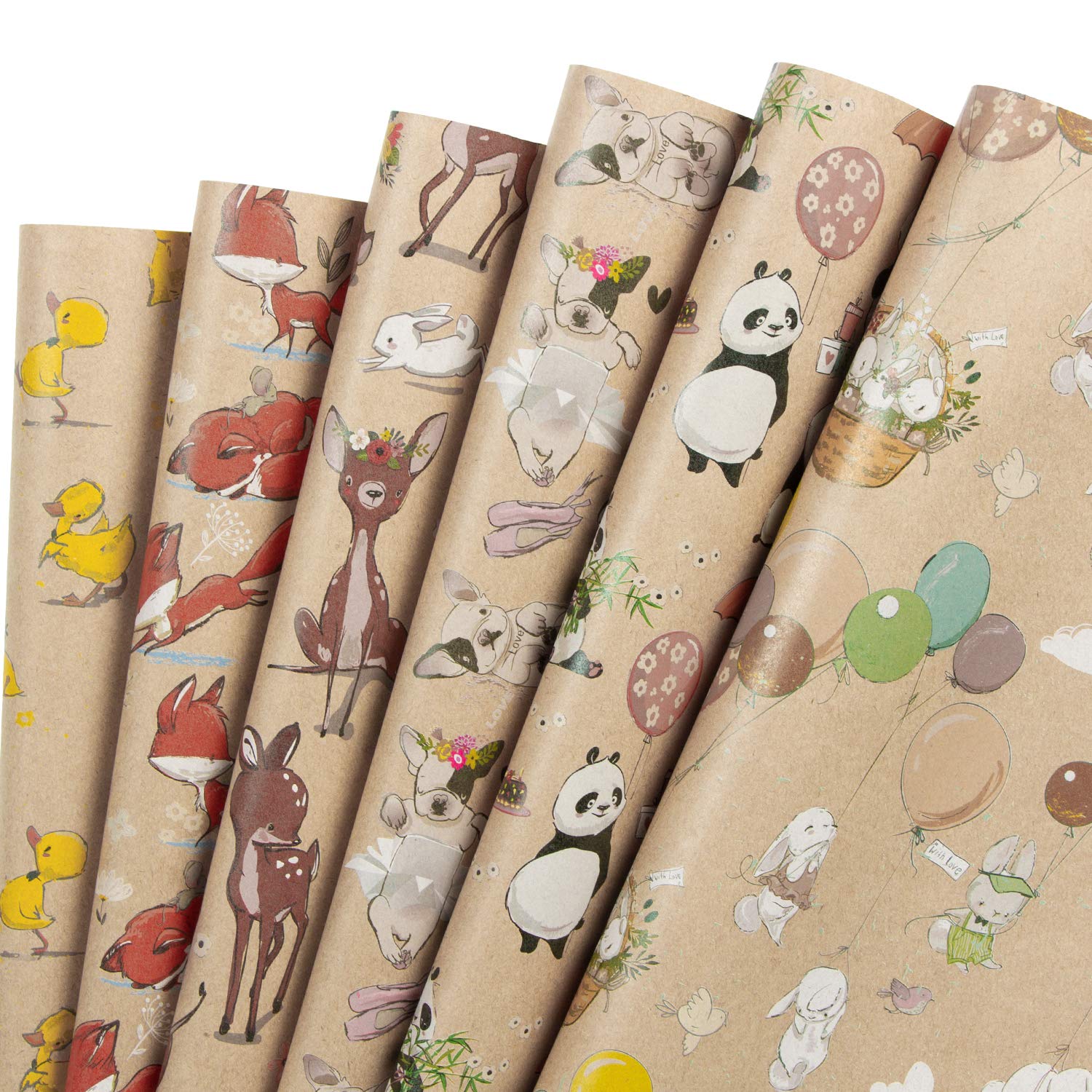 RUSPEPA Kraft Wrapping Paper Sheet For Baby Shower - French Bulldog/Rabbit/Fox/Panda/Sika Deer/Duck Printed - 6 Sheets Packed As 1 Roll - 44.5 X 76 cm Per Sheet