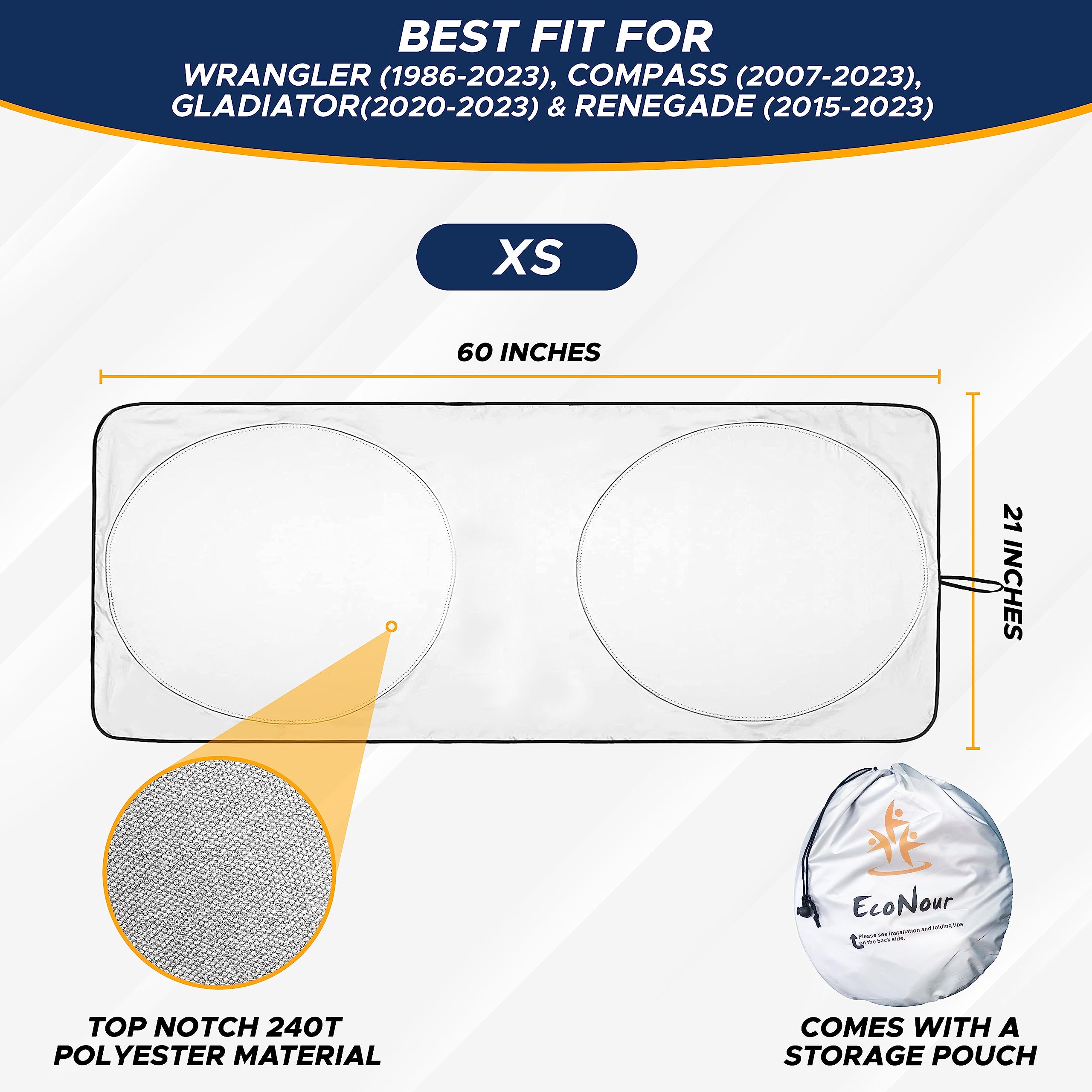 EcoNour Jeep Windshield Sunshade | Sun Visor for UV Rays & Heat Protection | Suitable for Wrangler, Gladiator | Jeep Accessories for Wrangler | X-Small - 60x21 Inches