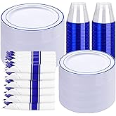 WELLIFE 350 Pcs Blue Plastic Plates for 50 Guests - Plastic Dinnerware Set,Party Supplies Includes 100 blue plates,150 Silverware,50 Napkins,50 Cups,Blue and White Plates
